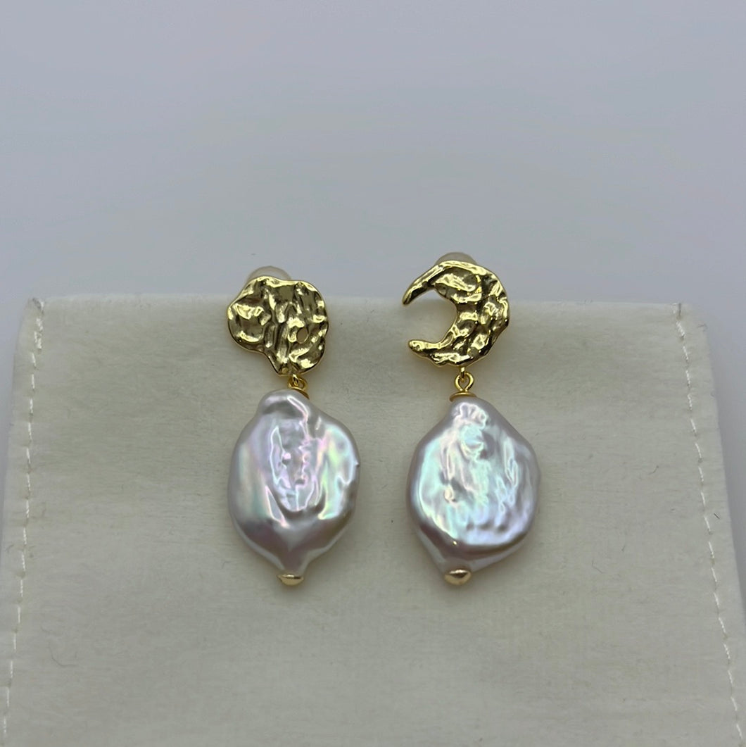 Moon and Baroque Pearl Earrings