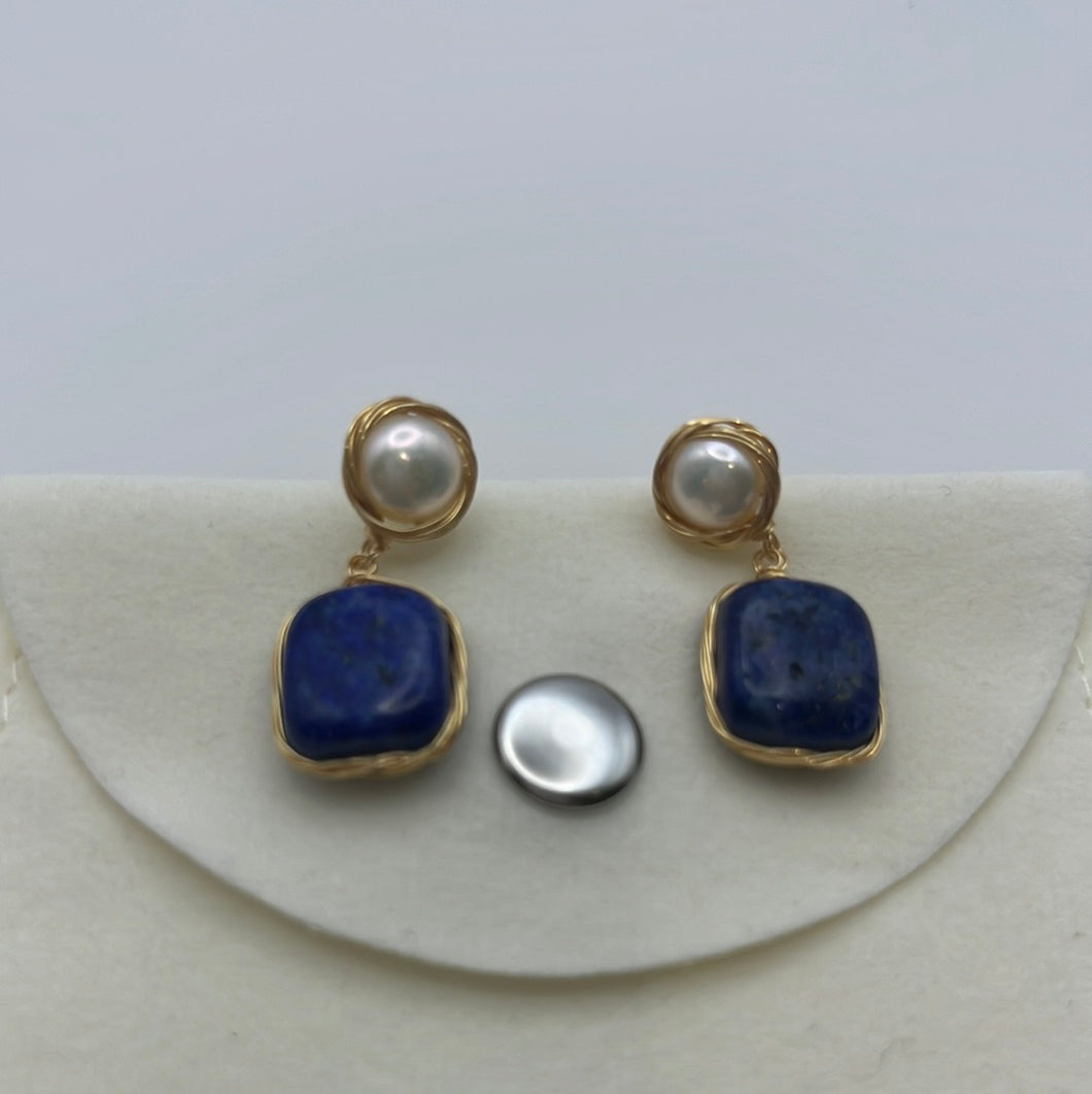 Pearl and Blue Stone Earrings